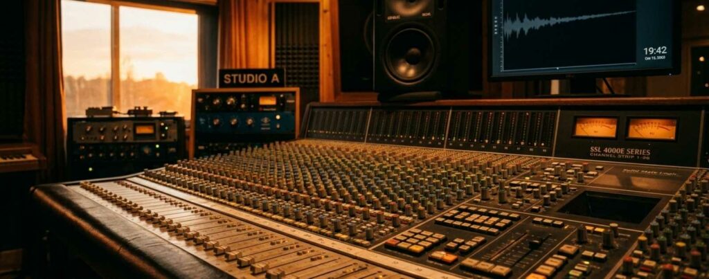 Console analogique dans un studio d'enregistrement professionnel