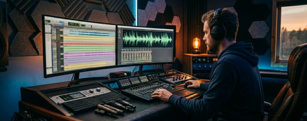 Ingénieur du son travaillant dans un studio d'enregistrement