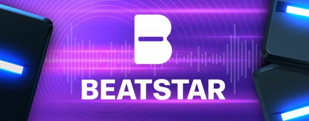 Logo of BeatStar displayed against a vibrant purple background with soundwave graphics, highlighting the platform's focus on music production and beat creation.